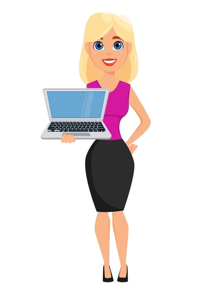 personaje de dibujos animados de mujer de negocios con laptop vector