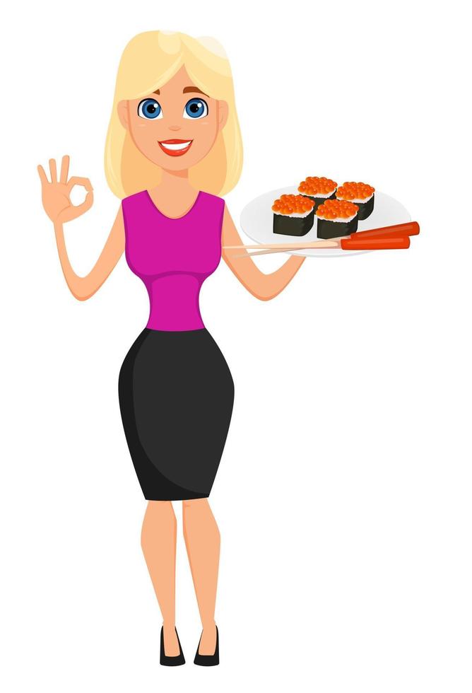 Cute blonde businesswoman holds plate with sushi vector