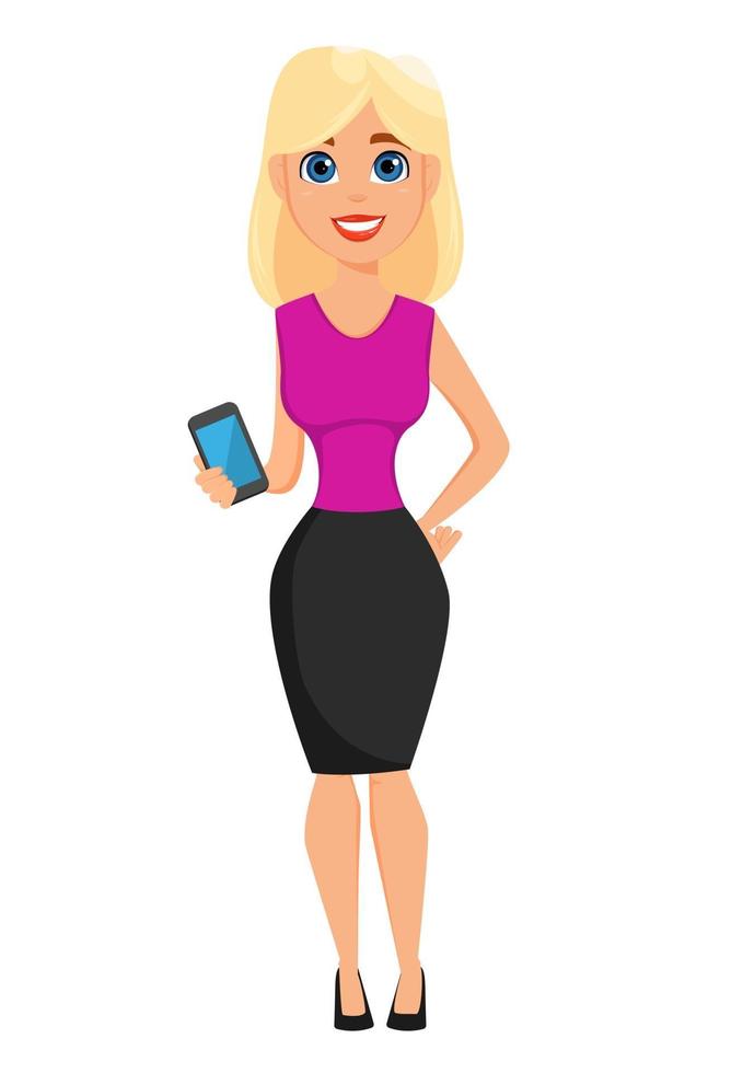 Cute blonde businesswoman holds smart phone vector
