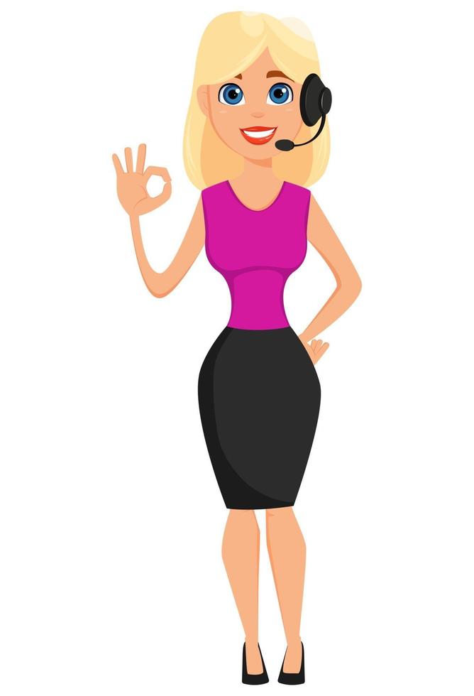 Cute blonde businesswoman with headset showing ok gesture vector