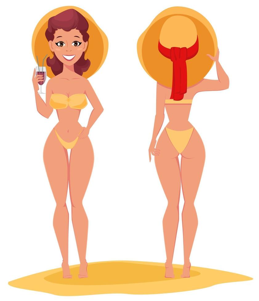 Woman in bikini and hat drinks cocktail on the sand beach while summer vacation vector