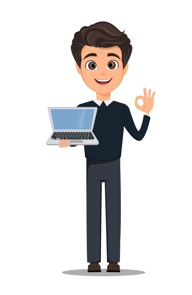 Young handsome smiling businessman in smart casual clothes holding laptop and showing OK gesture vector