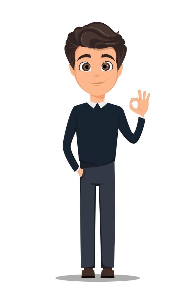 Young handsome smiling businessman in smart casual clothes showing OK gesture vector