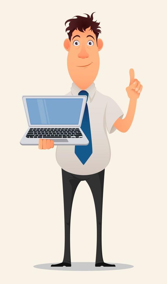 Business man cartoon character in office shirt and trousers holding laptop vector