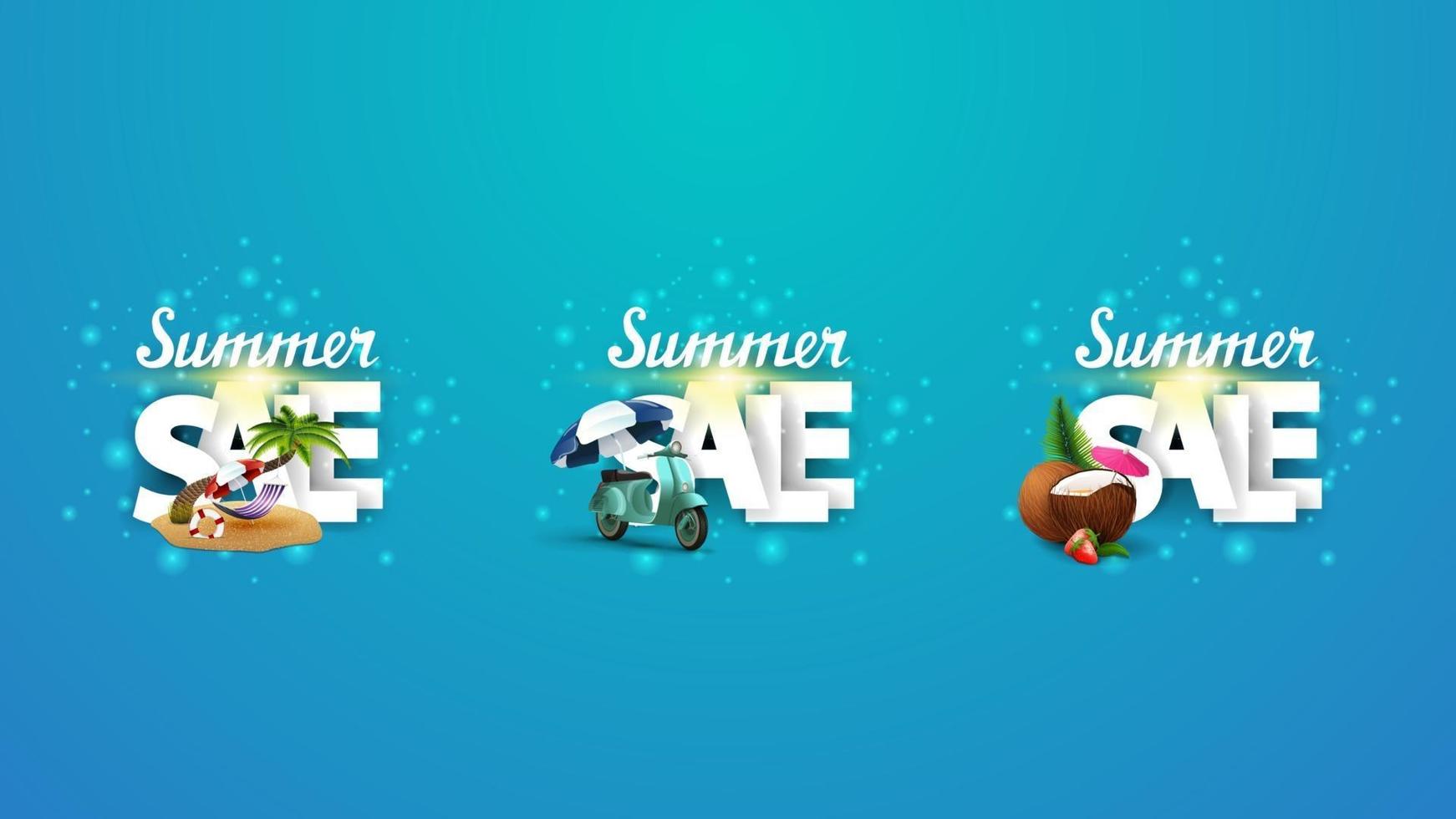 venta de verano conjunto de banners de descuento con grandes ofertas volumétricas e iconos de verano colección de títulos de descuento para su creatividad vector