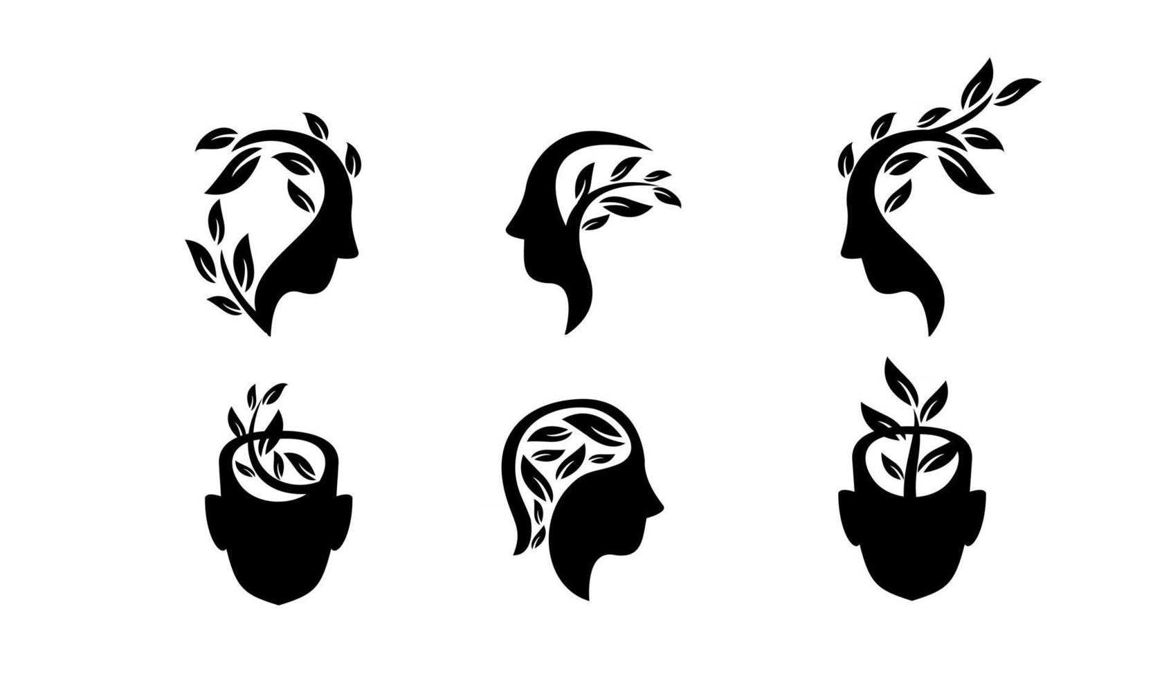 set collection simple abstract head face with leaf black vector logo icon design illustration isolated background