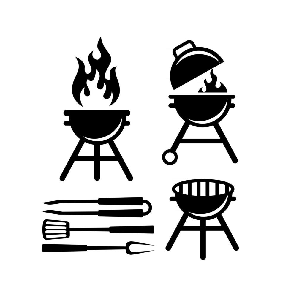 conjunto de colección bbq barbacoa parrilla herramientas icono vector logo design black premium simple