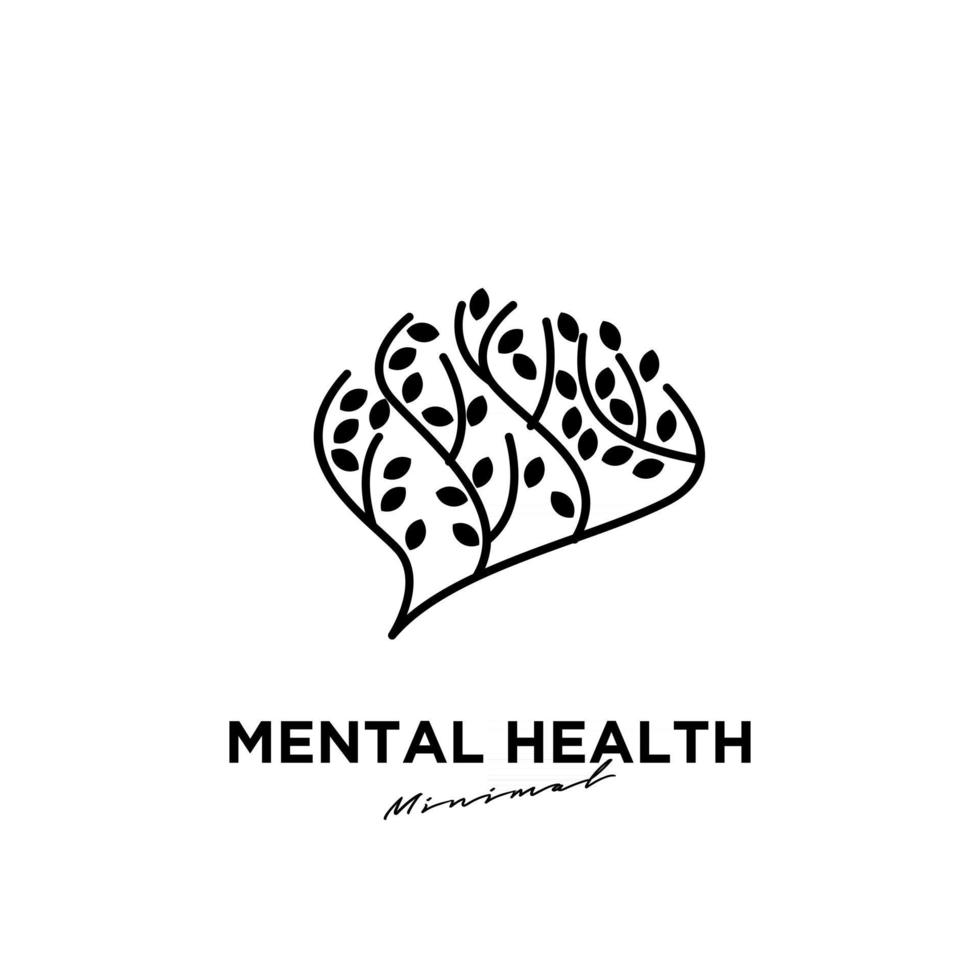 Diseño de icono de logotipo de ilustración de vector de salud mental abstracta simple con cerebro y árbol de hojas