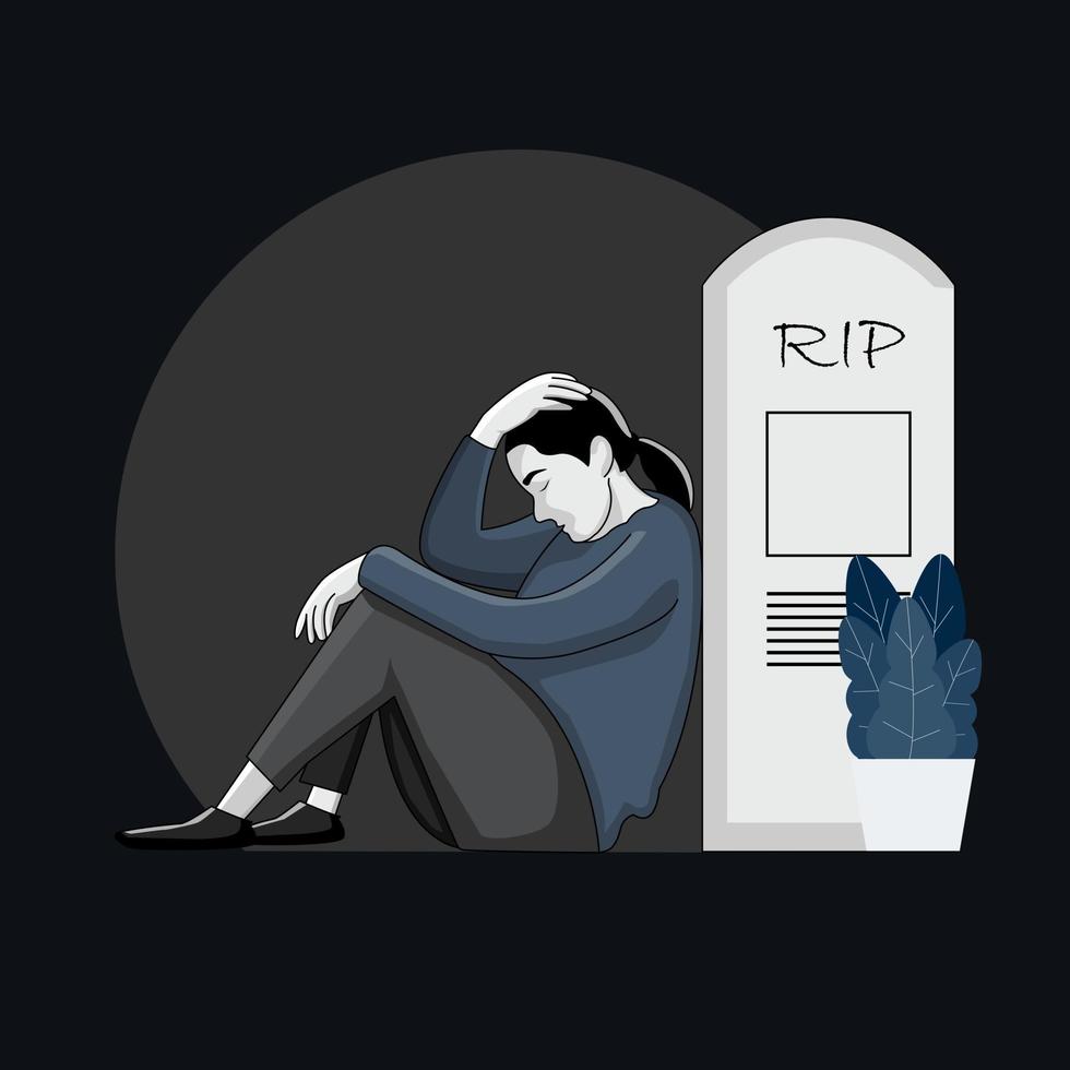 Flat illustration of a woman sitting next to the grave of a loved one with stress expression vector