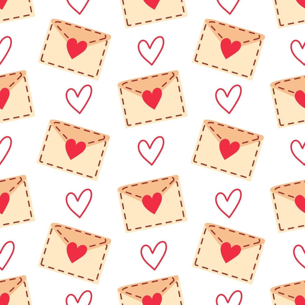 Día de San Valentín tema doodle de patrones sin fisuras de carta de correo dibujada a mano con forma de corazón vector