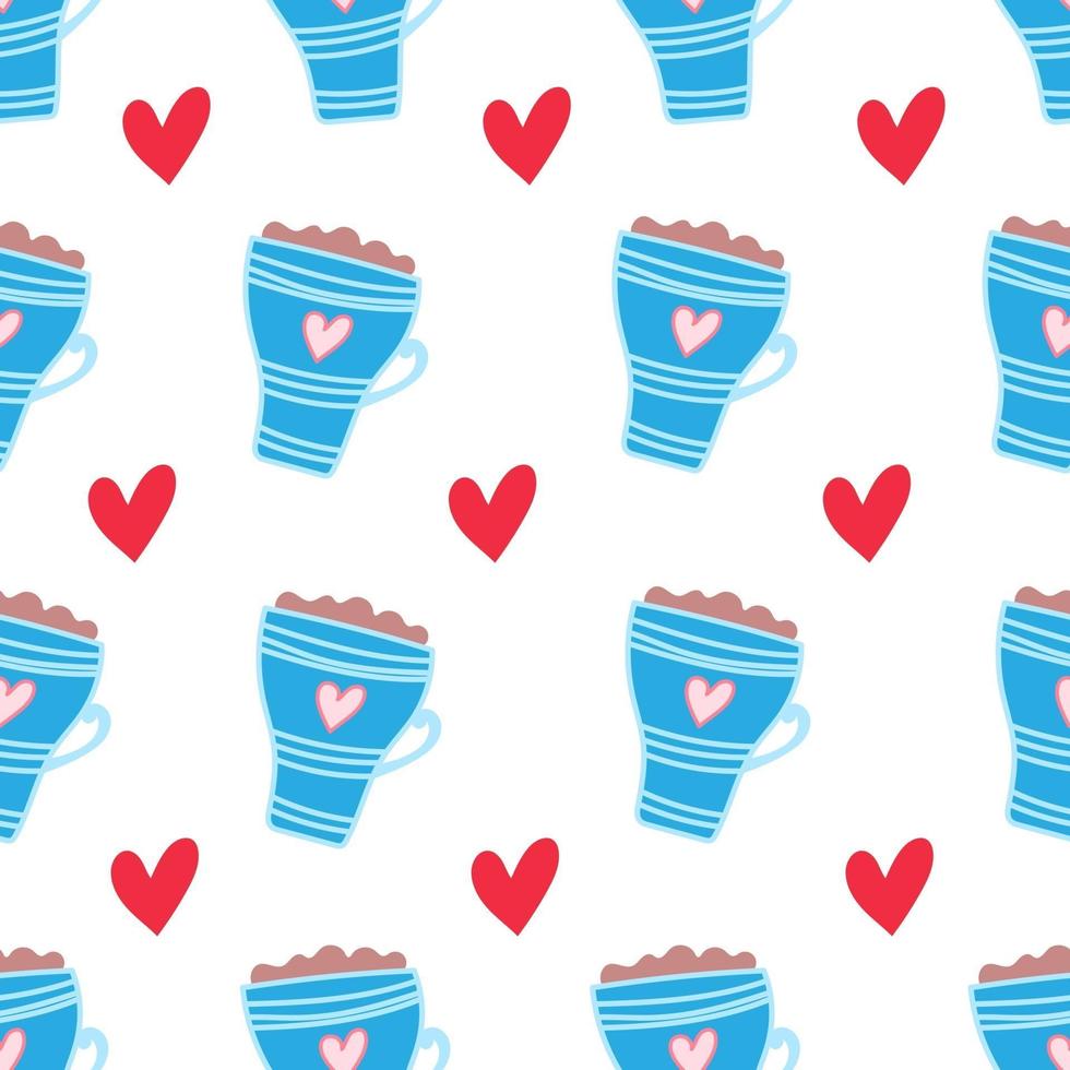 Vector seamless pattern of kawaii coffee cups and hearts on a pastel purple background