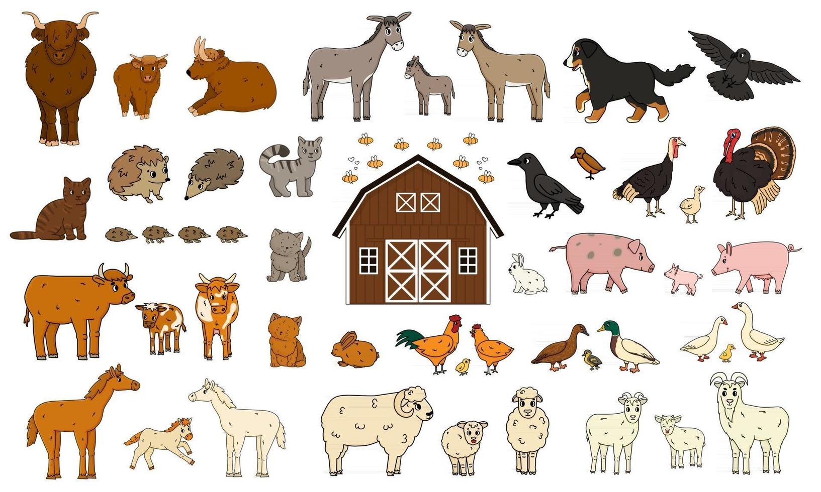 Set of cute cartoon doodle farm animals Vector collection of donkey goose cow bull pig hog chicken hen rooster goat sheep duck horse turkey cat dog hedgehog rabbit bunny birds