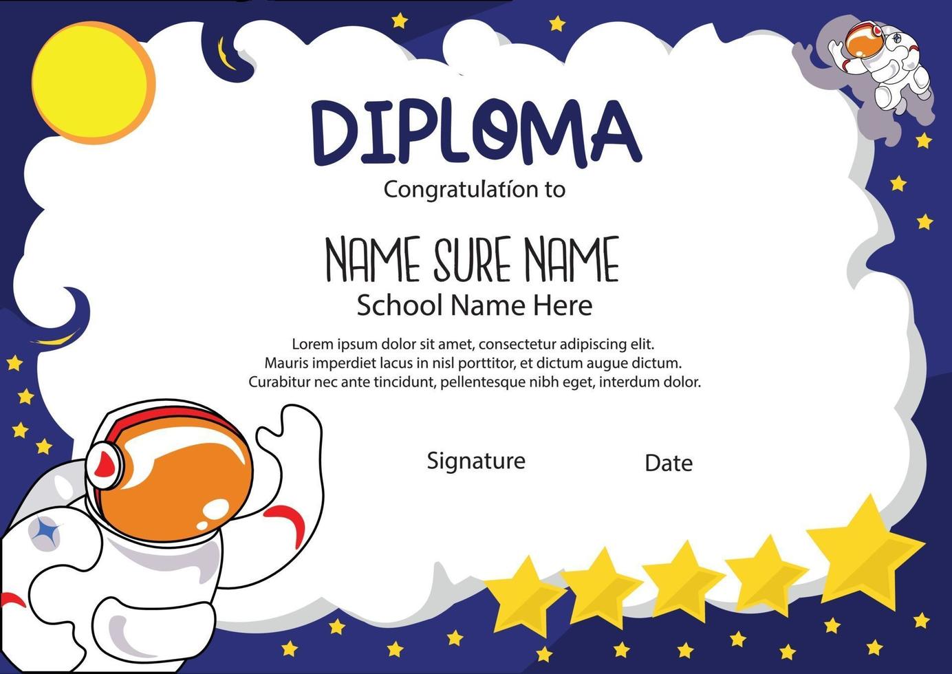 astronout certificate award for school and preschool kindergarten children, diploma for kids vector