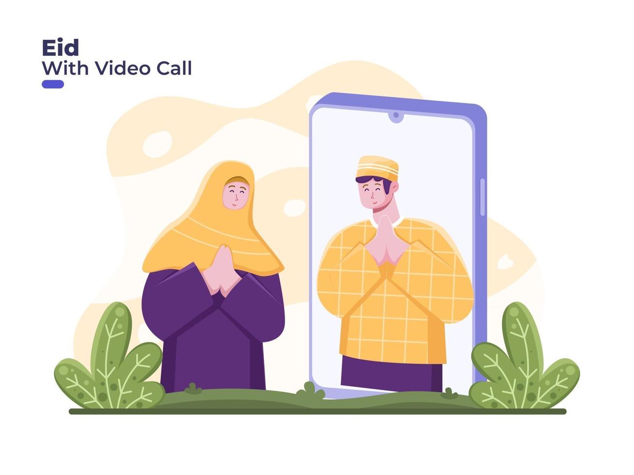 Couple celebrates Eid Mubarak with online video call, social or physical distancing to reduce the spread of Covid 19 coronavirus. Ramadan with video call on smartphone. Forgive each other during eid vector