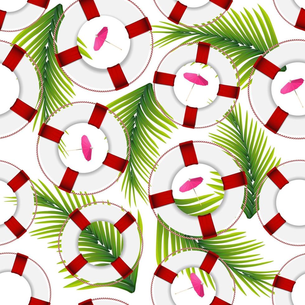 Summer seamless texture of lifebuoy and palm leaves for your creativity vector