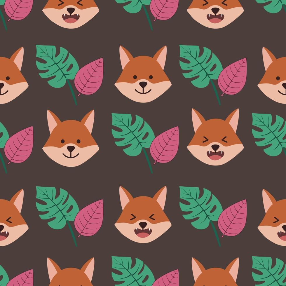 Seamless pattern with cute fox face and leaves vector