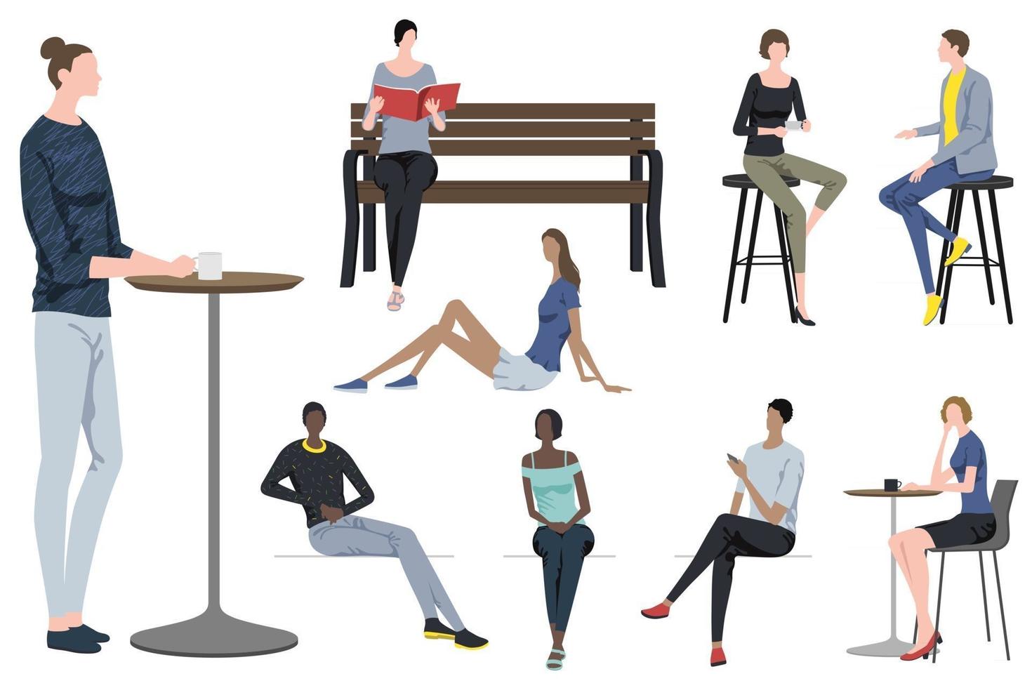 Set Of Fashionable People Taking A Break In Different Poses Isolated On A White Background vector