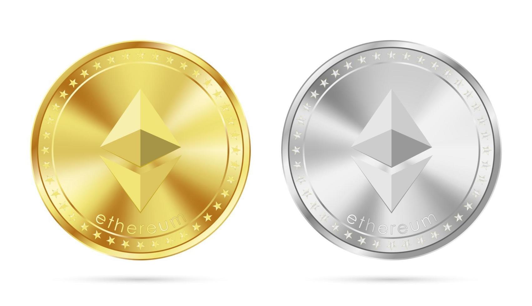 Golden and silver ethereum coin isolated on white background vector illustration