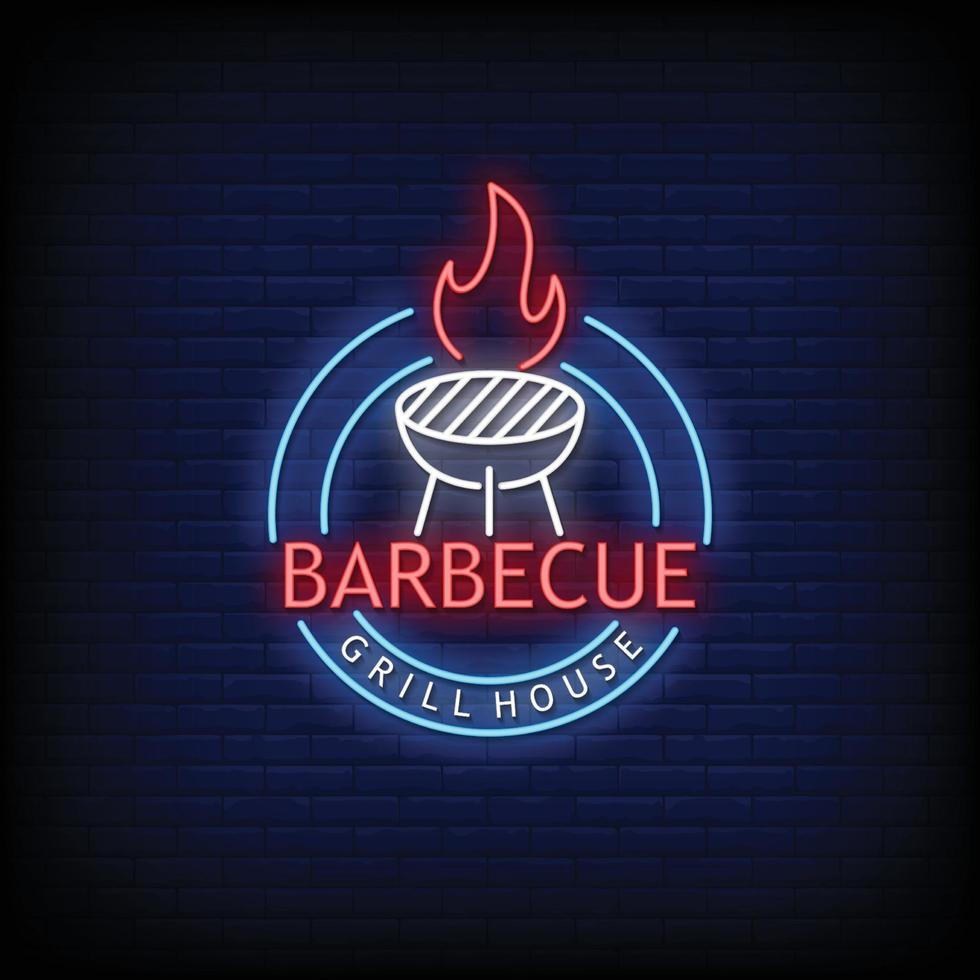 parrilla de barbacoa y bar letreros de neón estilo vector de texto