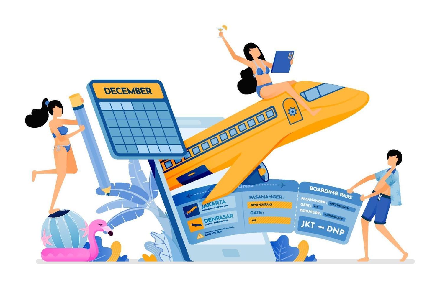 People buy flight tickets to bali with holiday agency mobile apps purchase of holiday tickets to tropical island illustration can be used for landing page banner website web poster brochure vector