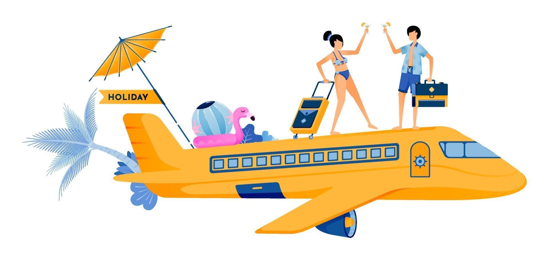 Man and woman boarding a plane for vacation to tropical island beach Couple honeymoon period during summer vacation Illustration can be used for landing page banner website web poster brochure vector