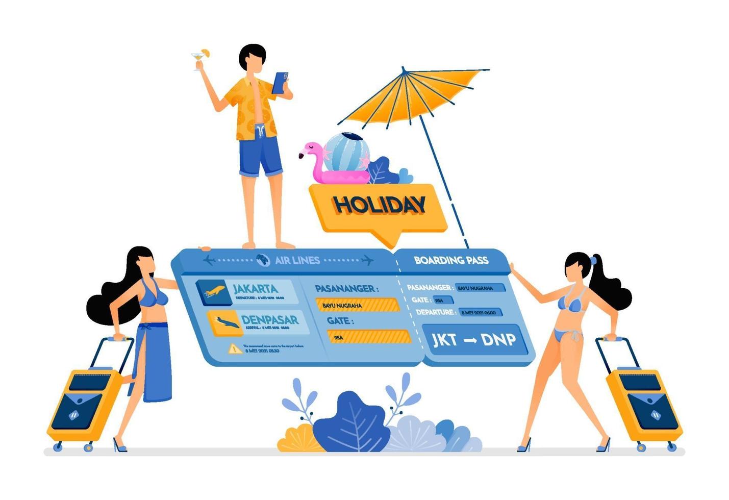 People choose flight tickets for a vacation to tropical island Isometric 3d ticket Creative holiday design concept Illustration can be used for landing page banner website web poster brochure vector