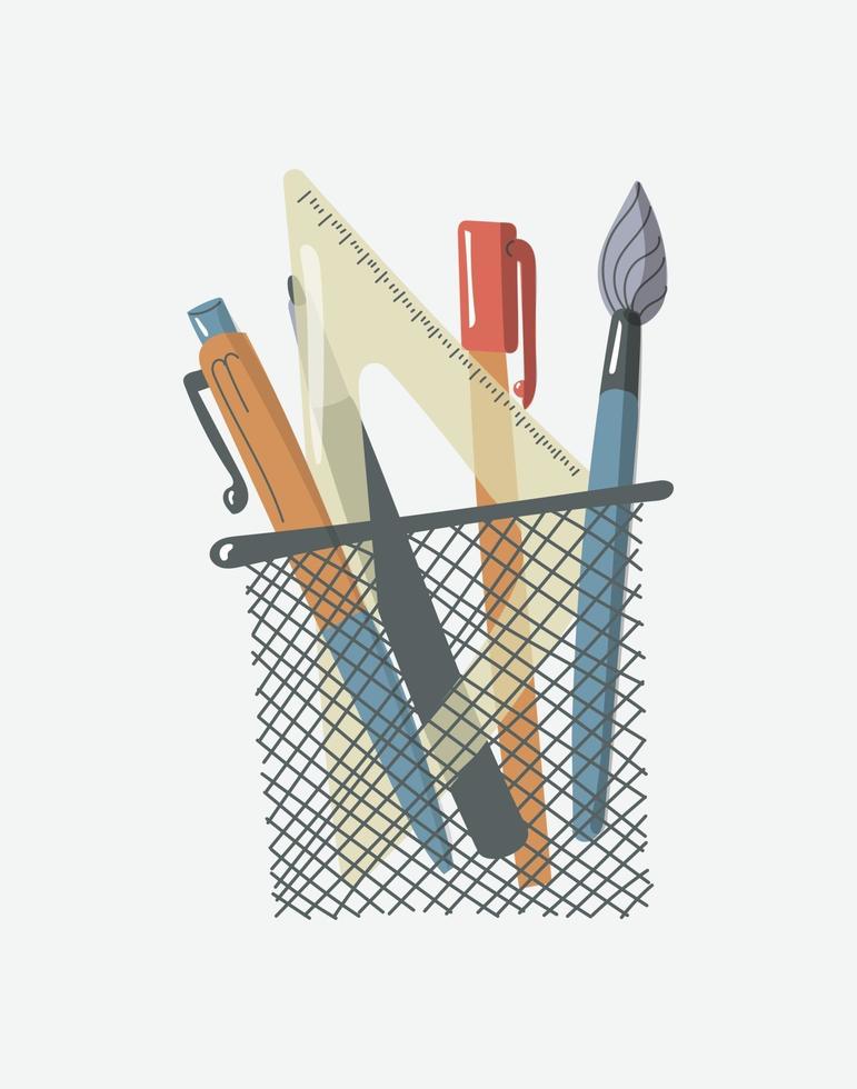 Desk organizer for utilities Organizer office and school supplies Flat design Writing equipment pen pencil and ruler holder All you need for school Cartoon vector