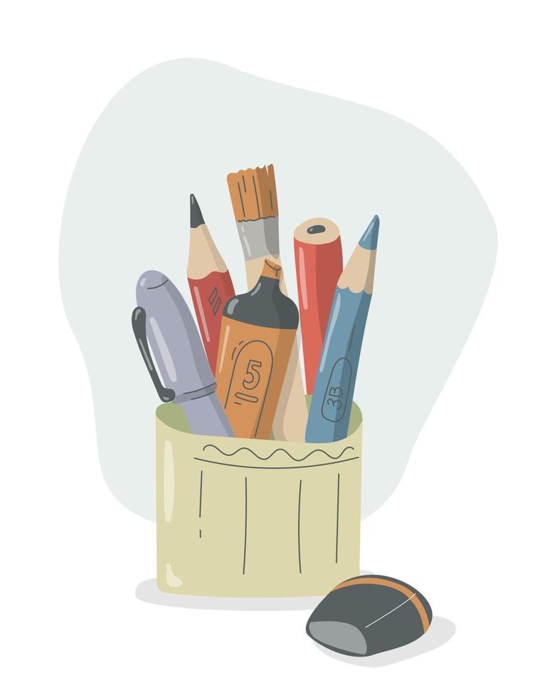 organizador de escritorio para utilidades organizador material escolar y de oficina diseño plano equipo de escritura bolígrafo lápiz y soporte para regla dibujos animados vector