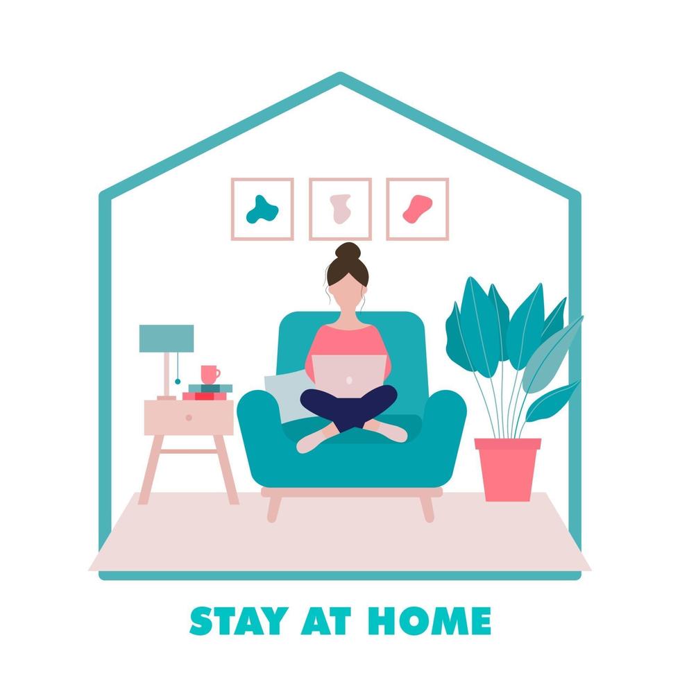 Young Woman Sitting and Working on a Laptop at Home Illustration vector