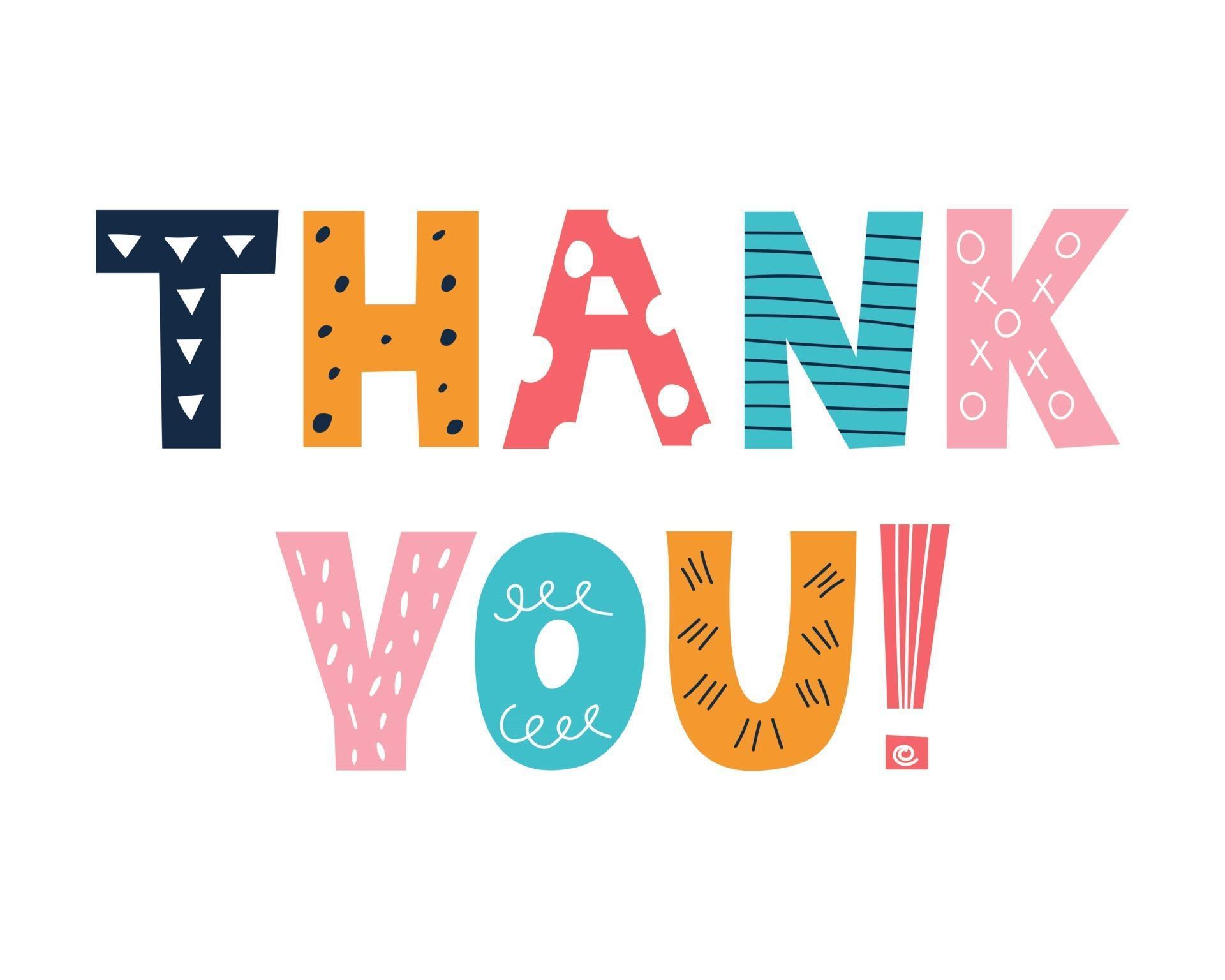 Colorful bright Thank You message in doodle style on white background