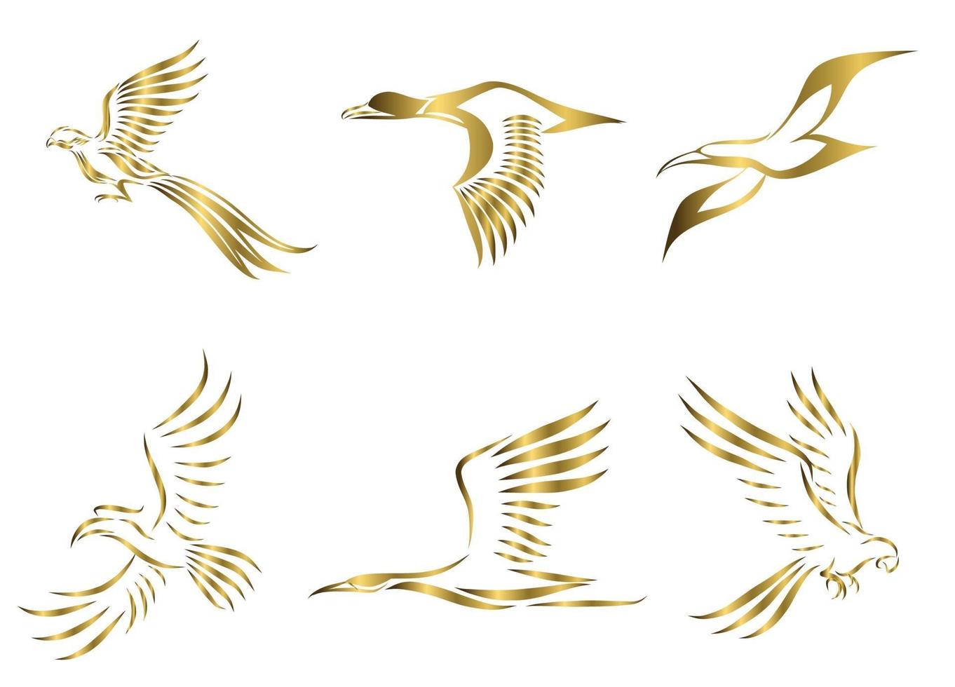 Set of six gold vector images of various birds flying such as pheasant seagull mallard crane hornbill and macaw Good use for symbol mascot icon avatar and logo