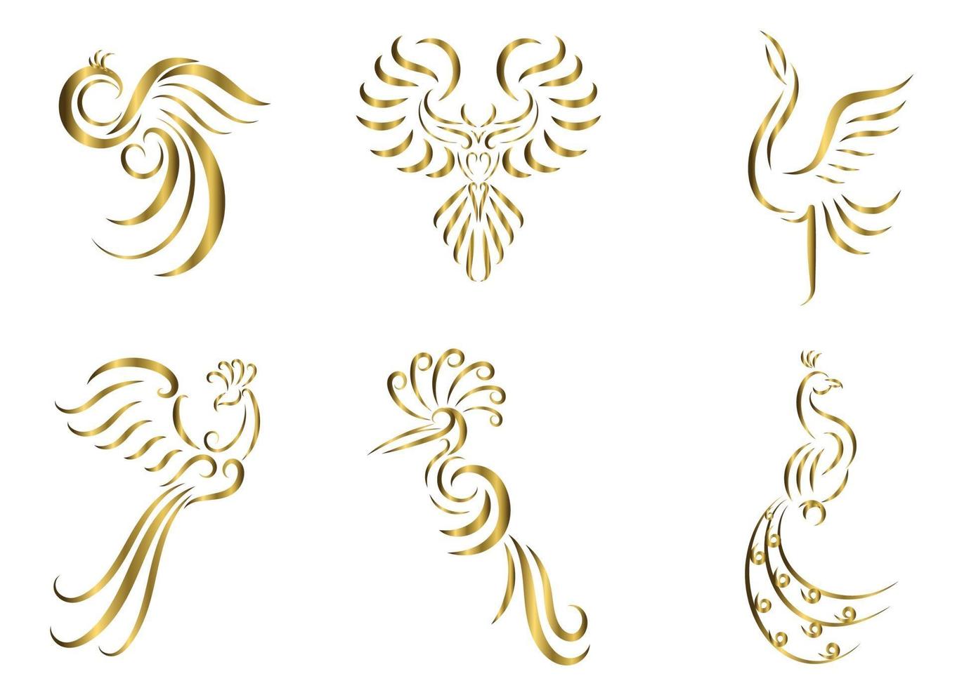 Set of six gold line art vector images of various beautiful birds such