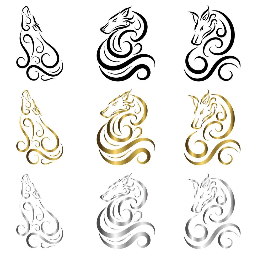 El vector de arte lineal de lobo se puede usar para hacer un logotipo o elementos decorativos, hay tres colores, oro negro y plata.