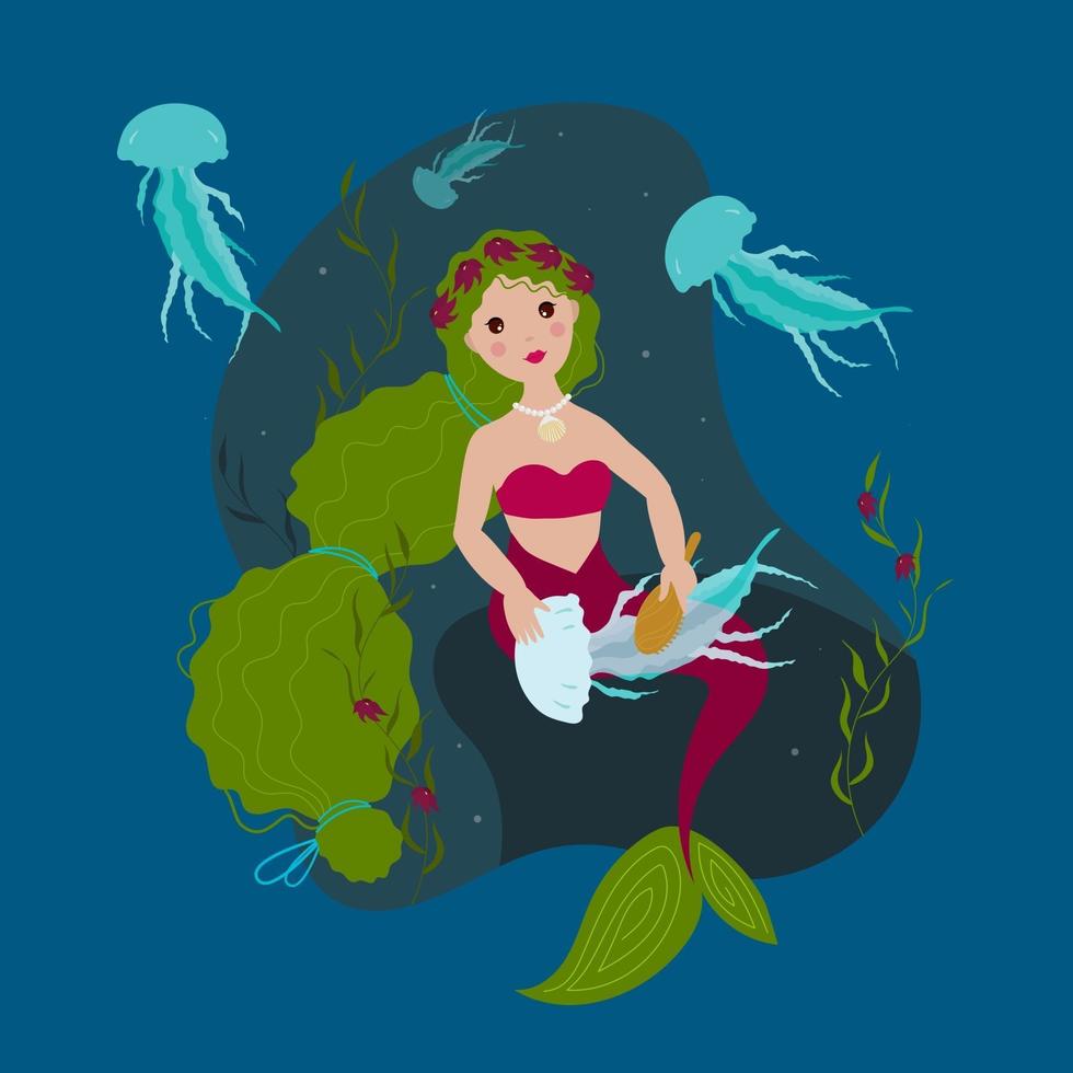 Little mermaid caring a jellyfish vector