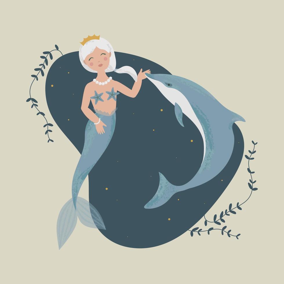 Mermaid princess with her dolphin friend vector