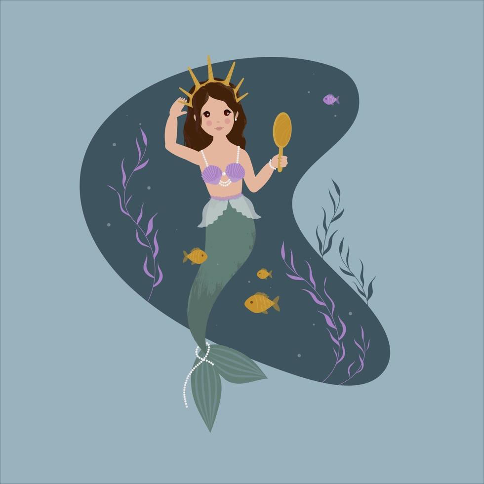 Beautiful mermaid princess wearing golden crown and looking in a mirror vector