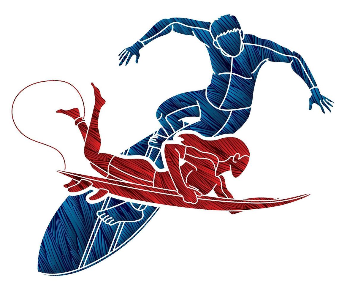 Surfer Male and Female Action Surfing Sport vector