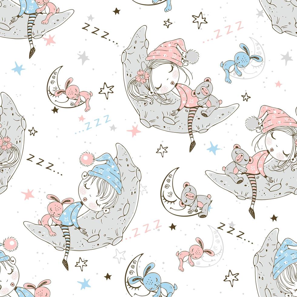 Seamless pattern with cute children in pajamas who sleep on the lunar months Vector