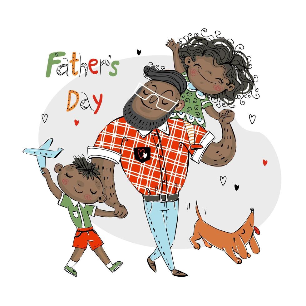 tarjeta del día del padre para las vacaciones un padre con una hija con un hijo y un perro con un perro salchicha rojo color de piel oscura vector