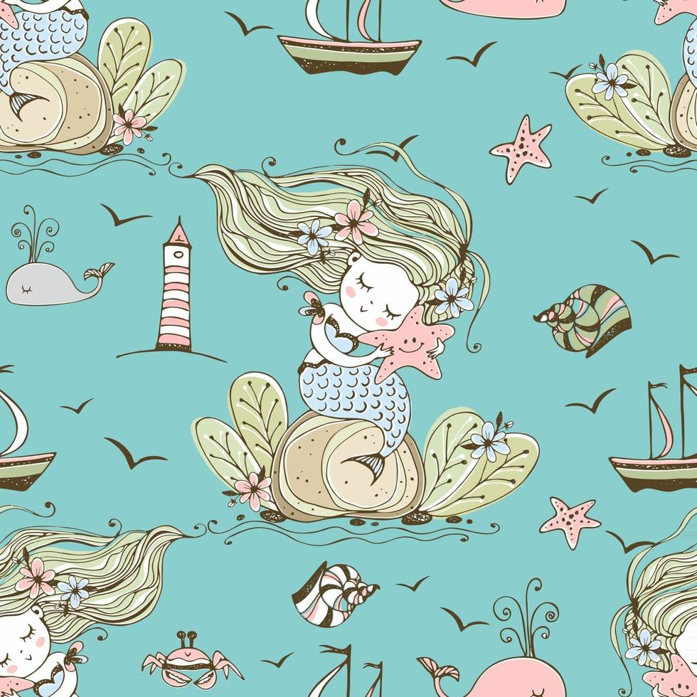 Seamless pattern with cute mermaid and sea creatures Vector