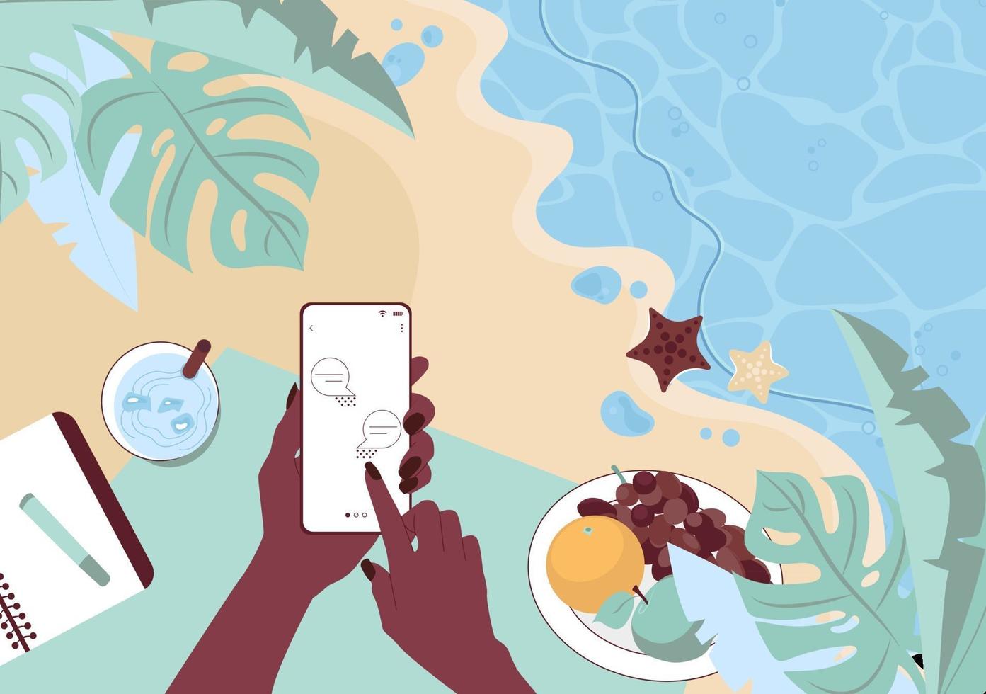 African female hand hold smartphone with message on screen Touch screen gadget in womans arm who rests on the beach by the sea Vector Illustration