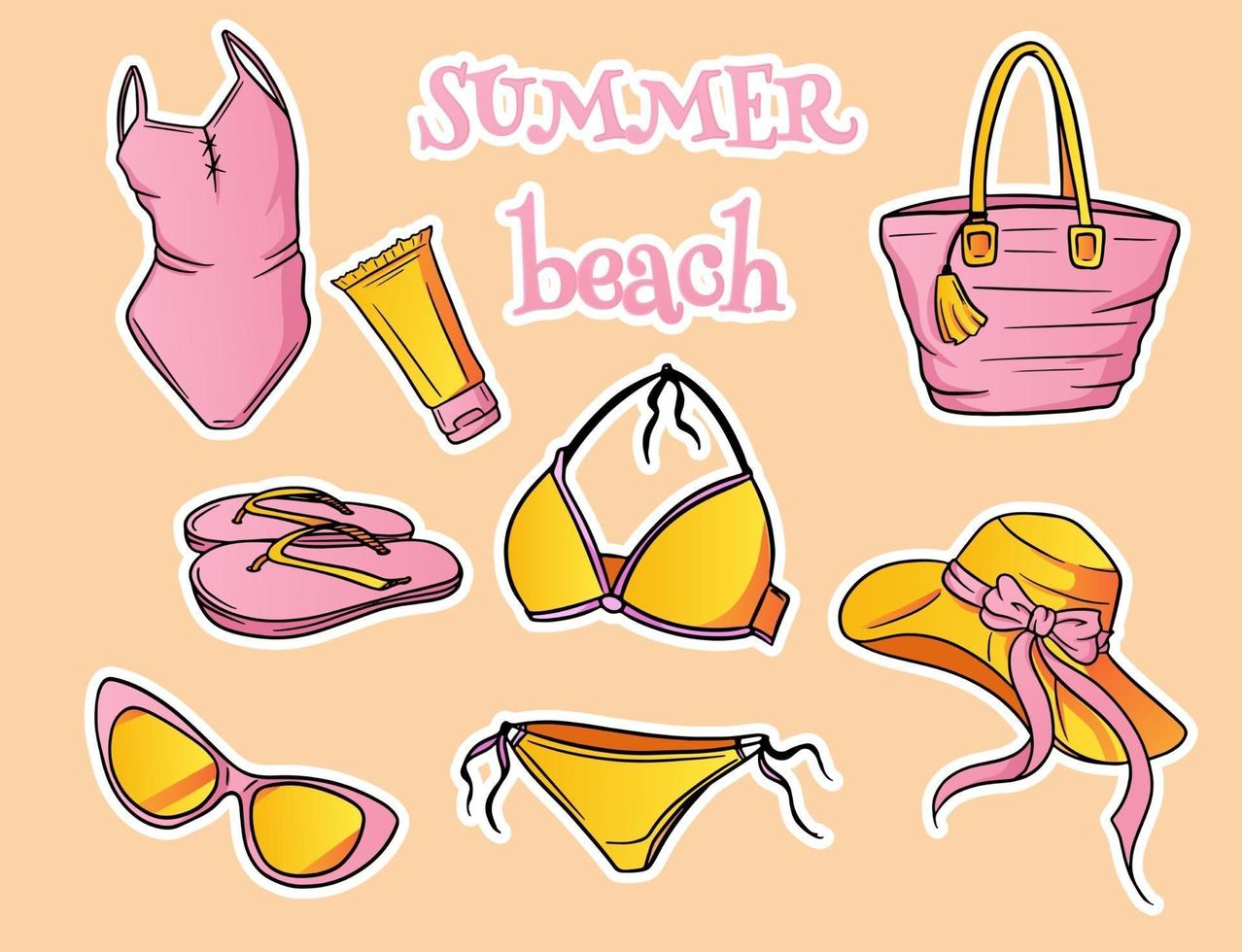 elementos esenciales de playa de verano para mujer en estilo de dibujos animados vector