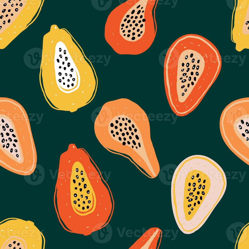 Colors pattern with slices of papaya, passion-fruit on green. Hand-drawn exotic fruit pieces in lrepeating background. Fruity ornament for textile prints and fabric designs. photo