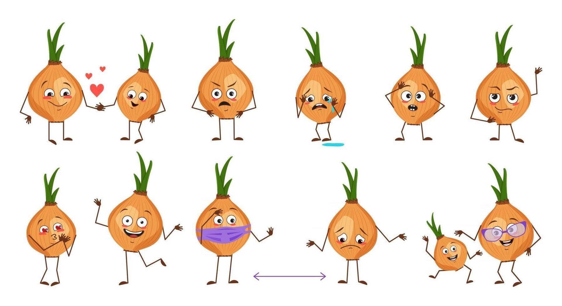 Set of cute onion characters with emotions isolated on white background The funny or sad heroes  vegetables have play fall in love keep their distance vector