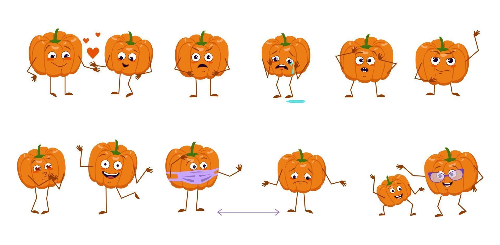 Set of cute pumpkin characters with emotions faces arms and legs Cheerful or sad heroes orange autumn vegetables play fall in love keep their distance Halloween decorations vector