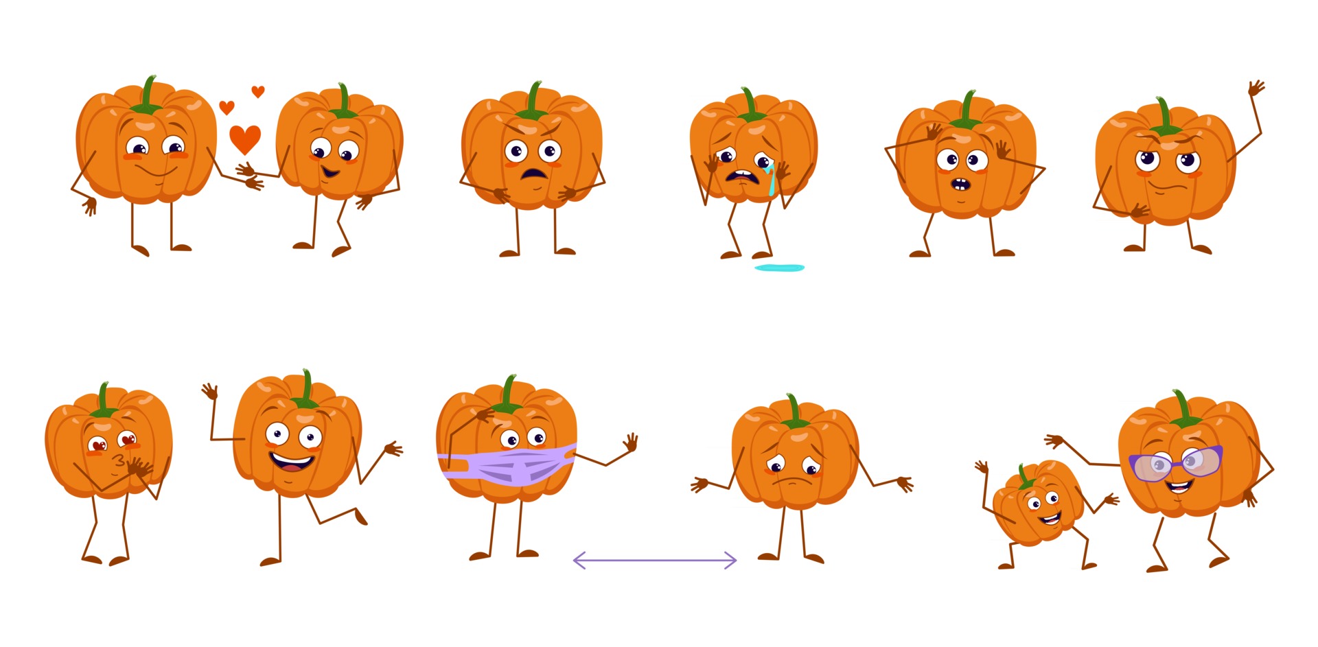 Set of cute pumpkin characters with emotions faces arms and legs ...