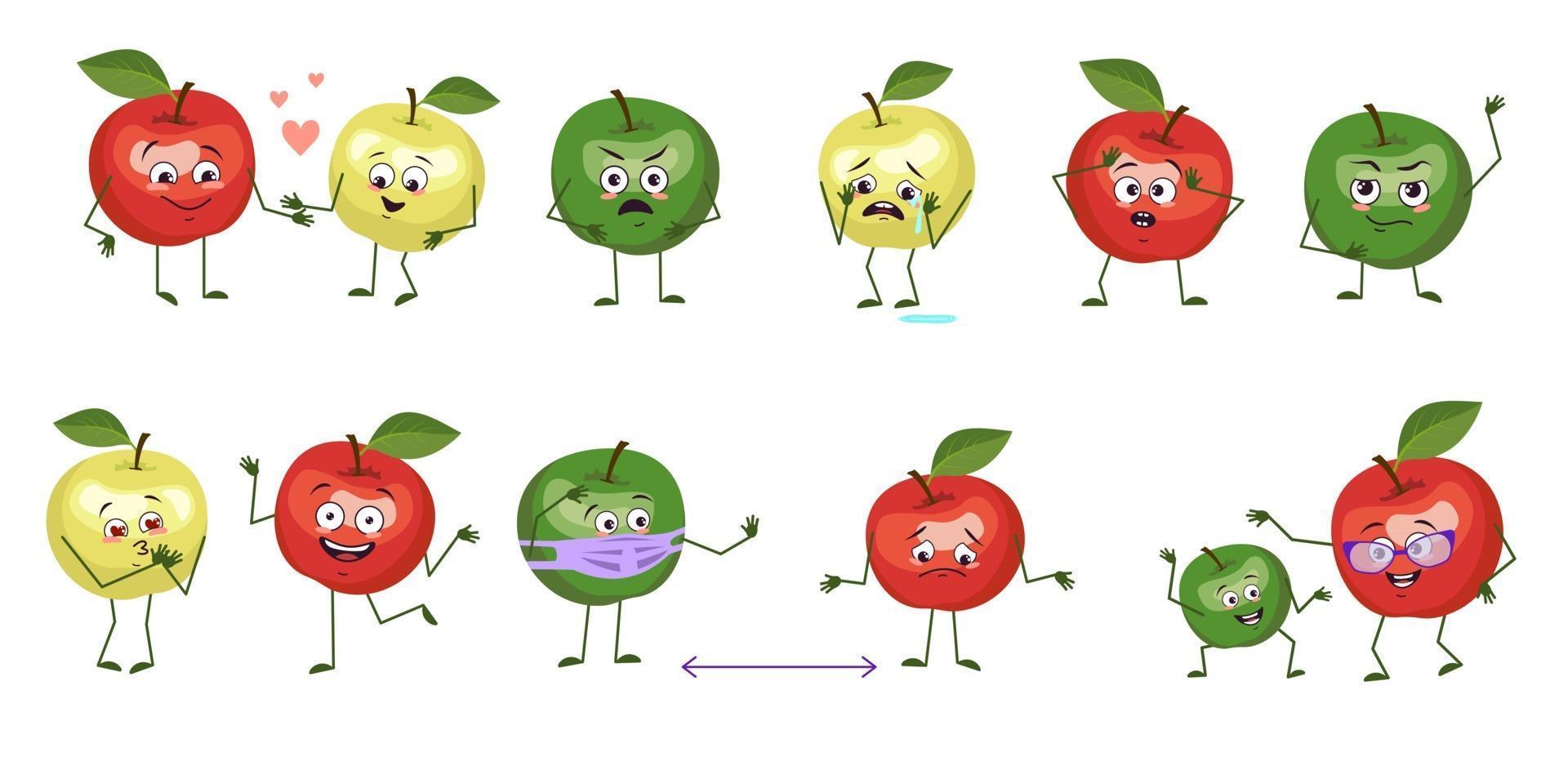 Set of cute apple characters with emotions faces arms and legs Funny or sad characters fruits play fall in love keep their distance with a smile or tears vector