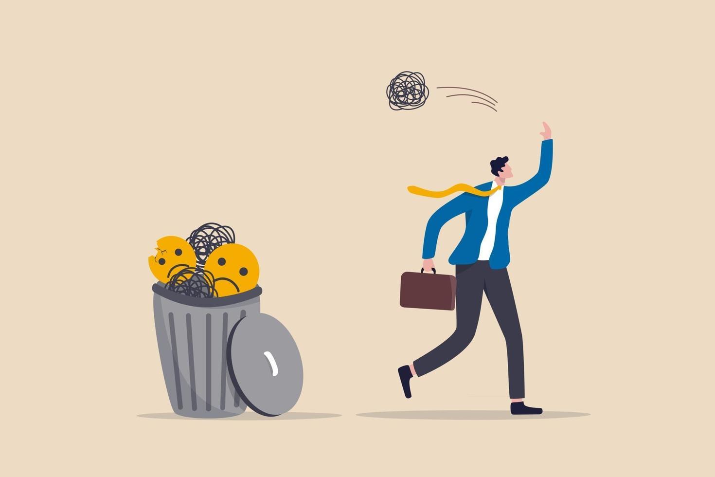 Get rid of work anxiety stressed and unhappiness emotion relax to gain happiness concept happy businessman throw away stressed and anxiety into the bin vector