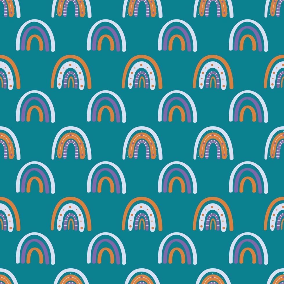lindo arco iris boho sobre fondo esmeralda de patrones sin fisuras. ilustración vectorial moderna para textiles, papel, diseño de impresión vector
