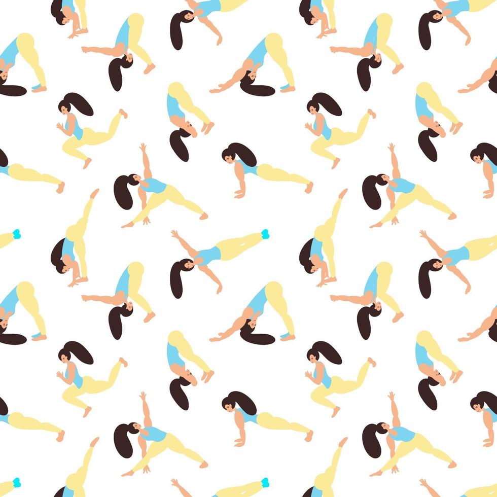 Seamless pattern girl doing yoga. Sports, training. The concept of a healthy lifestyle. Vector illustration